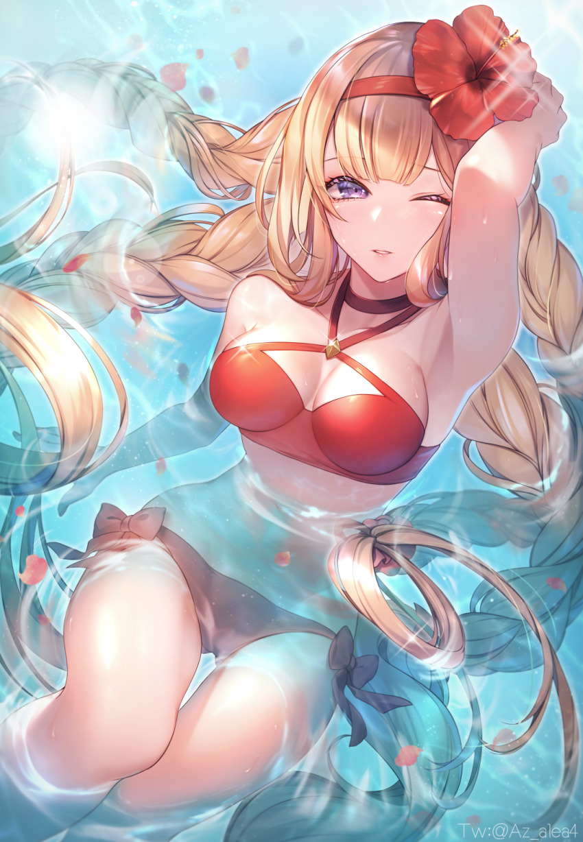 1girl, armpits, athena_(granblue_fantasy), bikini, blonde_hair, blush, breasts, collarbone