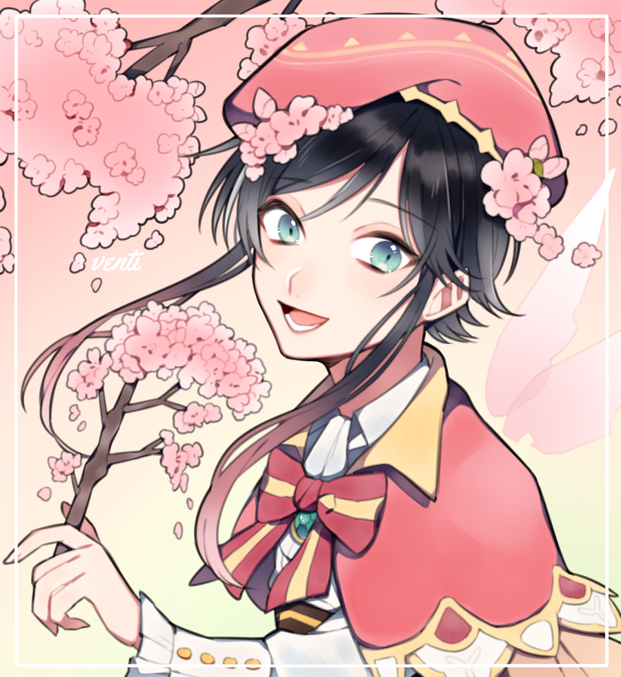 1boy, black_hair, blue_eyes, bow, branch, cherry_blossoms, cookie_galo, flower, frilled_sleeves, frills, gem, genshin_impact, gradient_hair, hair_flower, hair_ornament, hat, holding, holding_branch, long_sleeves, looking_at_viewer, male_focus, multicolored_hair, open_mouth, petals, pink_background, pink_hair, pink_hat, short_hair_with_long_locks, sidelocks, simple_background, smile, solo, trap, venti_(genshin_impact)