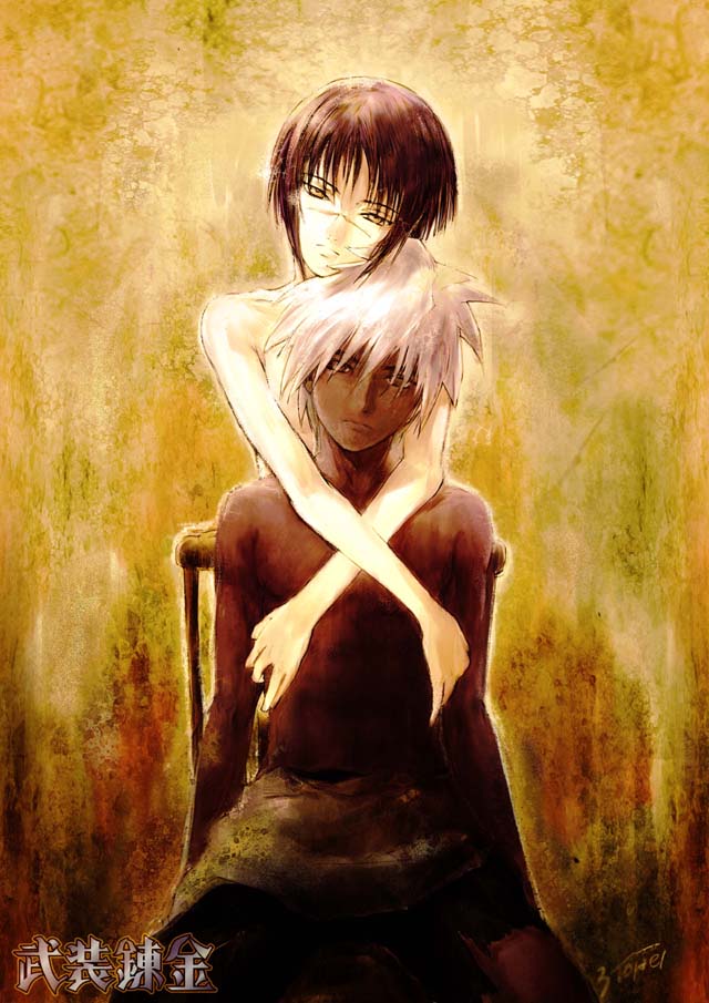 00s, 1boy, 1girl, black_hair, bob_cut, busou_renkin, clothed_male_nude_female, dark_skin