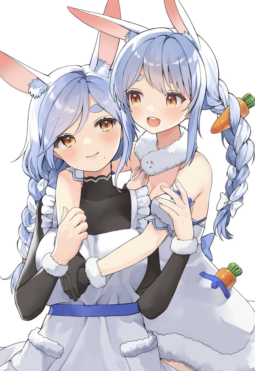 2girls, :d, animal_ear_fluff, animal_ears, bare_shoulders, black_gloves, blue_hair, braid