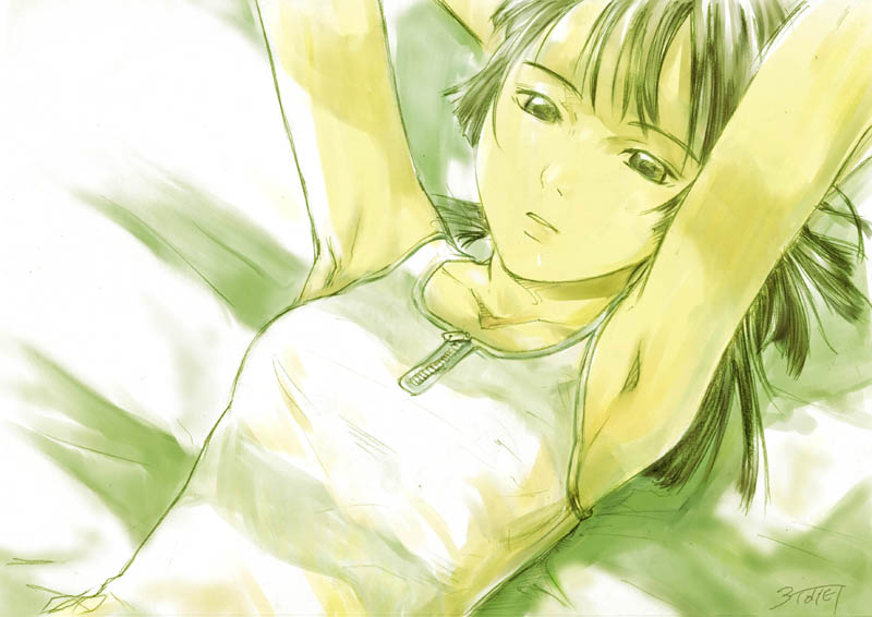 armpits, arms_up, black_hair, collarbone, long_hair, original, santouhei_(3tohei), solo