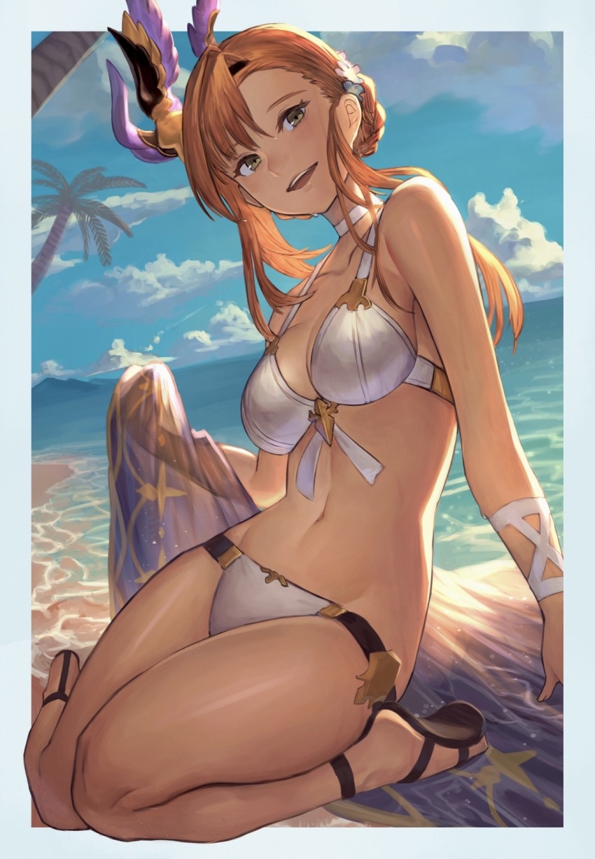1girl, bare_shoulders, beach, bikini, blue_border, blue_eyes, blush, border