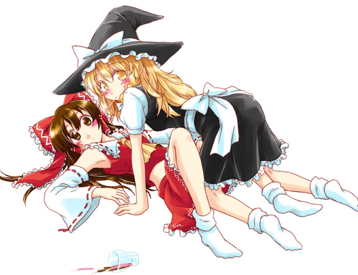 2girls, bad_id, bad_pixiv_id, blonde_hair, bow, braid, brown_hair, detached_sleeves