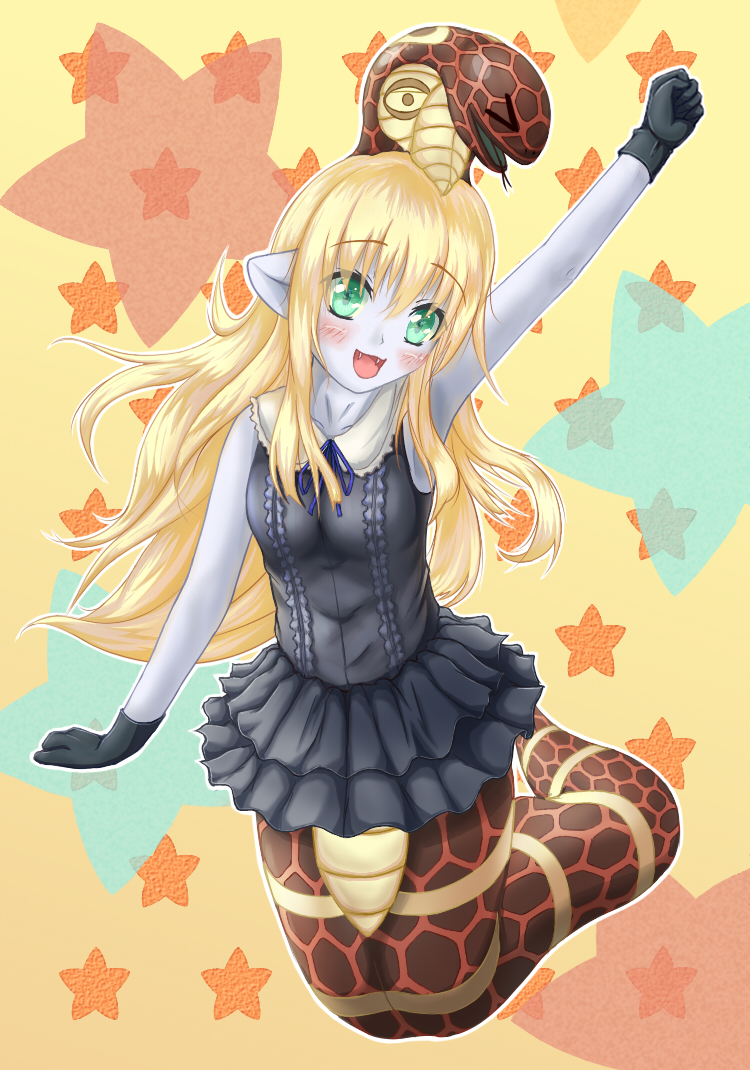 blonde_hair, gloves, lamia, monster_girl, reptilianne_naga, snake, snake_tail, tail