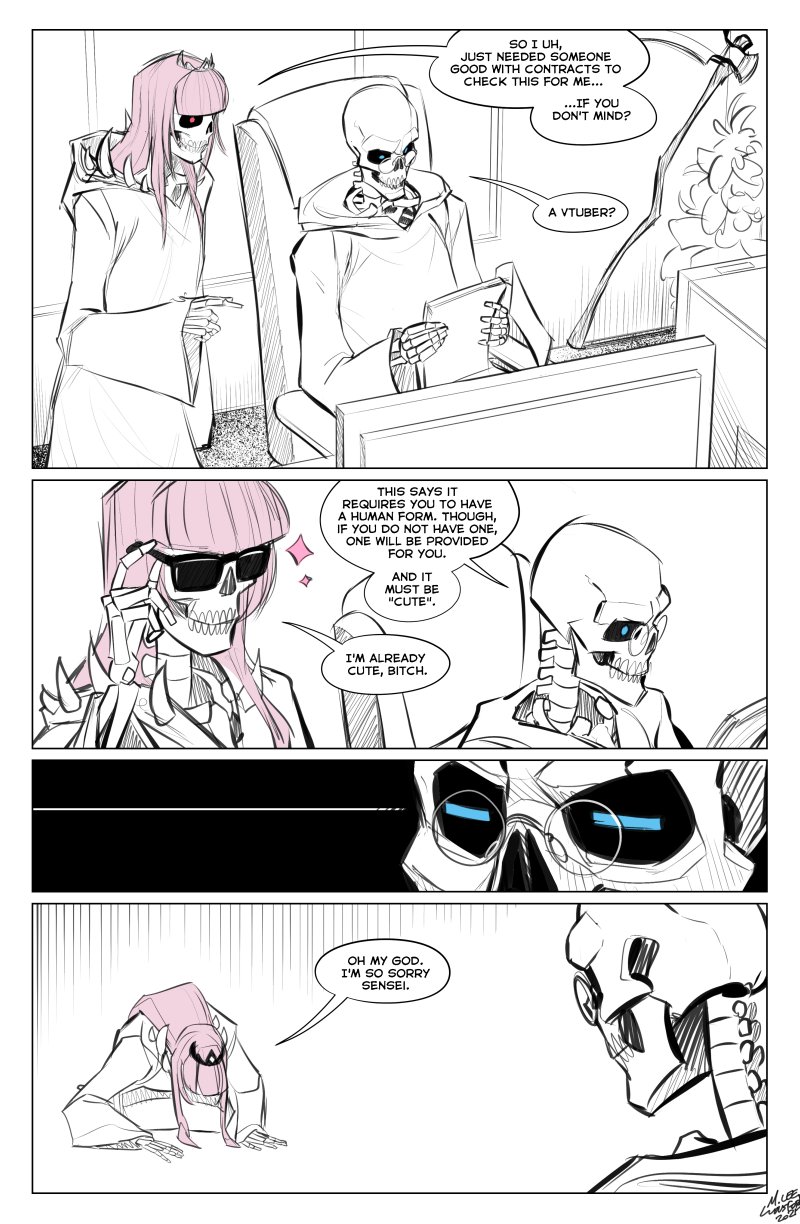 1boy, 1girl, apologizing, blue_eyes, bone, bowing, chair, comic, death-sensei_(mori_calliope), death_(entity), desk, dogeza, english_text, glaring, glasses, highres, hololive, hololive_english, kneeling, long_hair, mori_calliope, mx._moz, pink_hair, profanity, red_eyes, robe, scythe, skeleton, sorry, sunglasses, teacher_and_student, tiara, virtual_youtuber