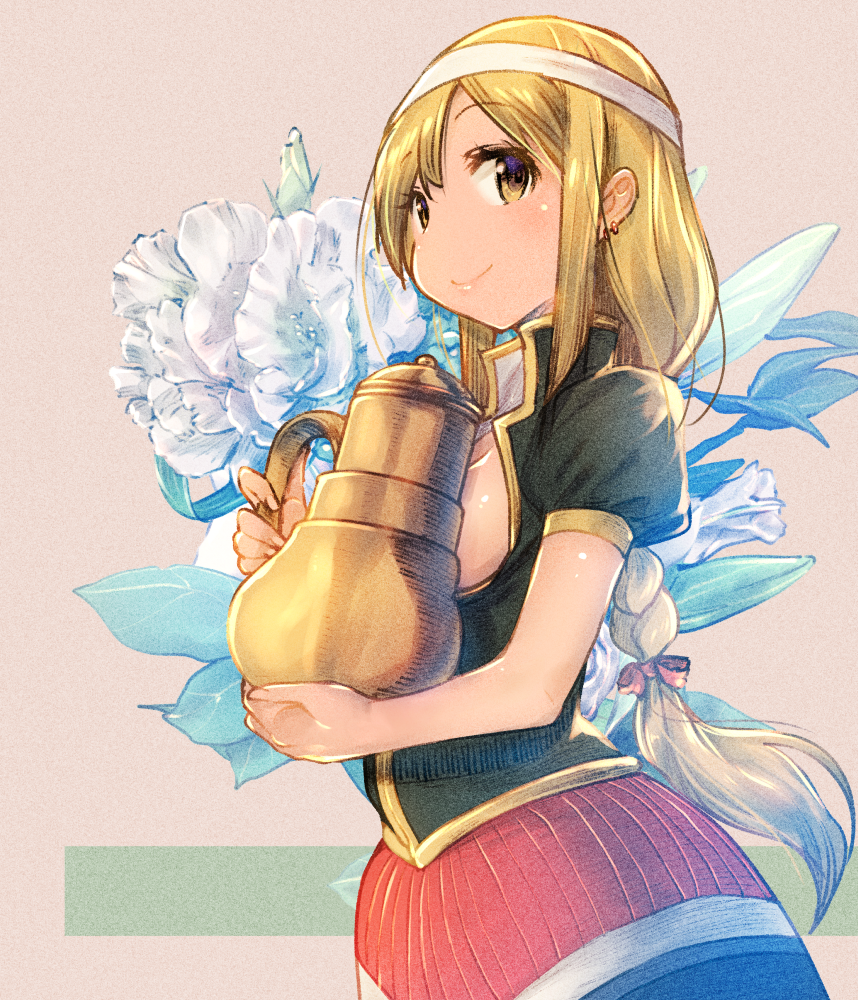 1girl, ancient_greek_clothes, blonde_hair, bow, braid, braided_ponytail, earrings, flower