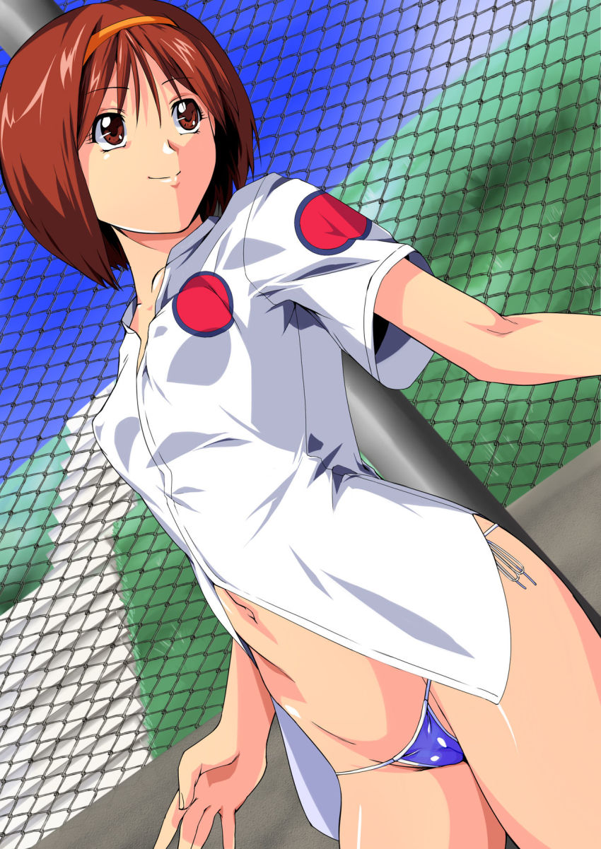1girl, bikini, bikini_under_clothes, blue_bikini, brown_eyes, brown_hair, hairband, highres, kayama_tamami, navel, sakura_na_omiki, shirt, short_hair, super_real_mahjong, super_real_mahjong_p6, swimsuit, thong_bikini