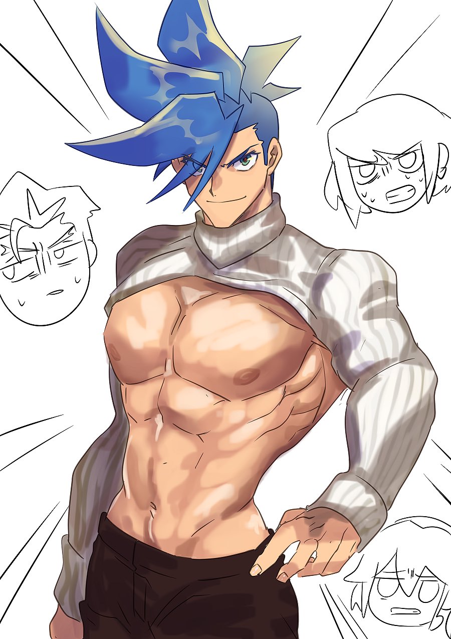 1boy, abs, bare_pectorals, blue_eyes, blue_hair, brown_pants, character_request, chibi, chibi_inset, cowboy_shot, galo_thymos, highres, kray_foresight, large_pectorals, lio_fotia, looking_at_viewer, looking_away, male_focus, meme, muscular, muscular_male, navel, nipples, nonono_nagata, pants, pectorals, promare, revealing_clothes, ribbed_shrug, short_hair, shrug_(clothing), smile, solo_focus, spiked_hair, sweatdrop, sweater, white_sweater