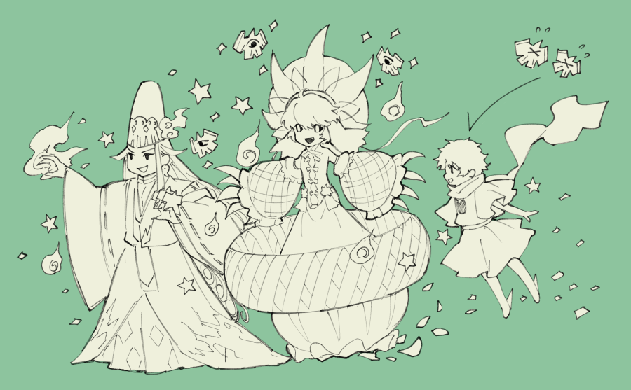 1girl, 2boys, alternate_hairstyle, ashiya_douman_(fate), asymmetrical_hair, black_eyes, black_hair, chibi