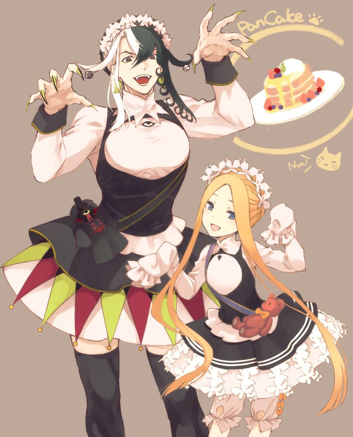 1boy, 1girl, abigail_williams_(fate), abigail_williams_(festival_outfit)_(fate), alternate_costume, apron, ashiya_douman_(fate), asymmetrical_hair, bell, black_dress, black_eyes, black_hair, black_thighhighs, child, claw_pose, contrapposto, curly_hair, dress, earrings, english_text, fate/grand_order, fate_(series), fingernails, food, frilled_skirt, frills, green_lips, green_nails, hair_bell, hair_between_eyes, hair_intakes, hair_ornament, jewelry, leaning_forward, lipstick, long_hair, long_sleeves, magatama, magatama_earrings, maid, maid_apron, maid_headdress, makeup, morumoru_(kuromrmr), multicolored_hair, nail_polish, official_alternate_costume, open_mouth, pancake, pectorals, sharp_fingernails, skirt, sleeves_past_wrists, smile, split-color_hair, thighhighs, toned, toned_male, two-tone_hair, very_long_fingernails, very_long_hair, white_hair