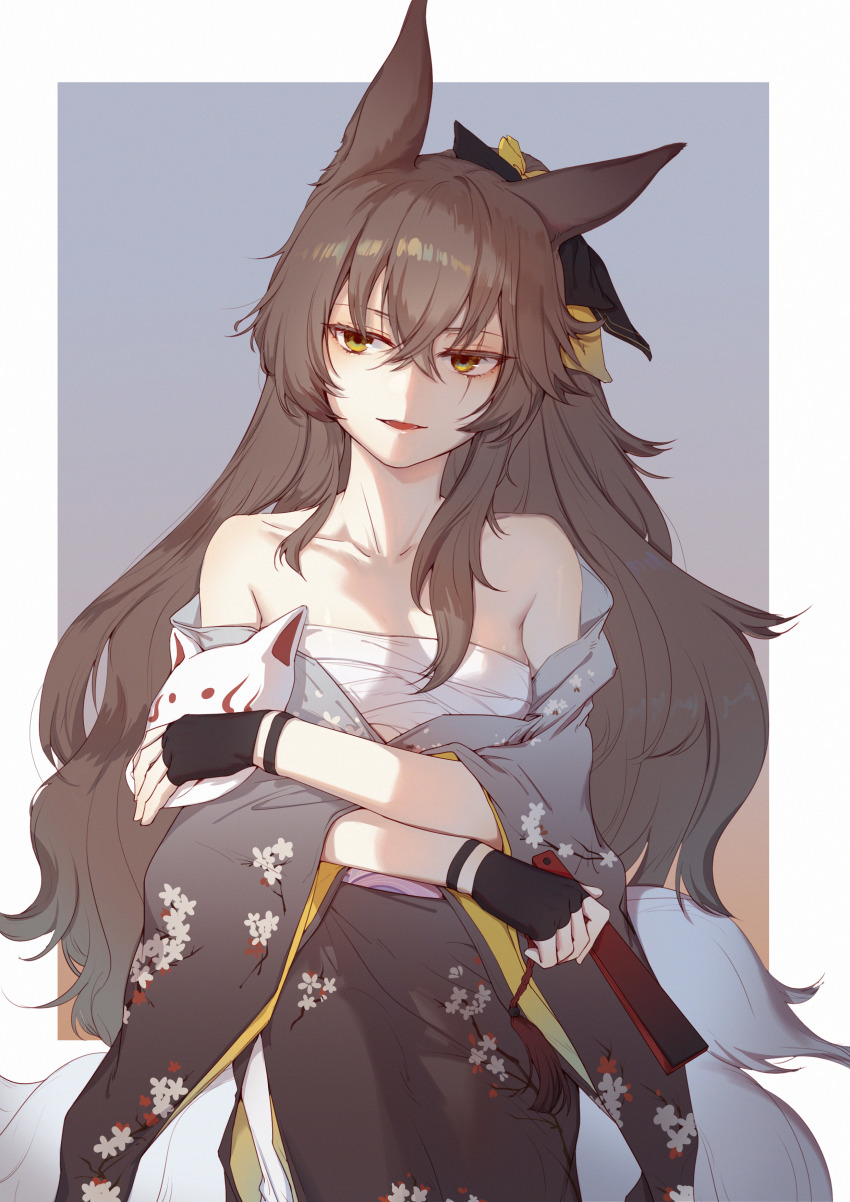 1girl, absurdres, animal_ears, bare_shoulders, black_gloves, brown_hair, collarbone, fingerless_gloves