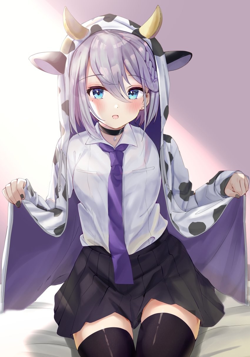 1girl, absurdres, animal_ears, animal_print, black_nails, black_skirt, black_thighhighs, blue_eyes, braid, breasts, commentary_request, cow_ears, cow_horns, cow_print, fake_animal_ears, feet_out_of_frame, french_braid, gradient_background, hair_between_eyes, highres, horns, jacket, kaga_sumire, kaga_sumire_(2nd_costume), large_breasts, lifting_own_clothes, long_sleeves, lupinus_virtual_games, nail_polish, necktie, on_bed, pleated_skirt, purple_background, purple_necktie, shirt, short_hair, silver_hair, simple_background, sitting, skirt, sleeves_past_wrists, solo, thighhighs, toratora_(nanahaba), virtual_youtuber, vspo!, wall, white_jacket, white_shirt