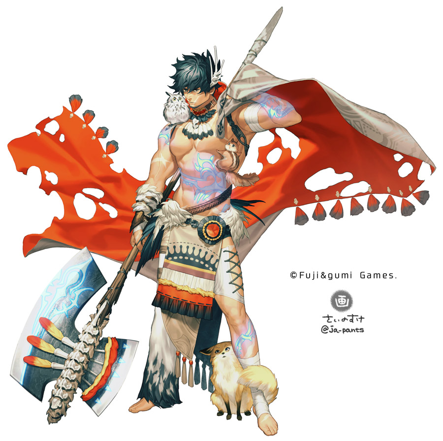 1boy, abs, animal, animal_on_shoulder, arm_tattoo, axe, bandages, bandaged_arm