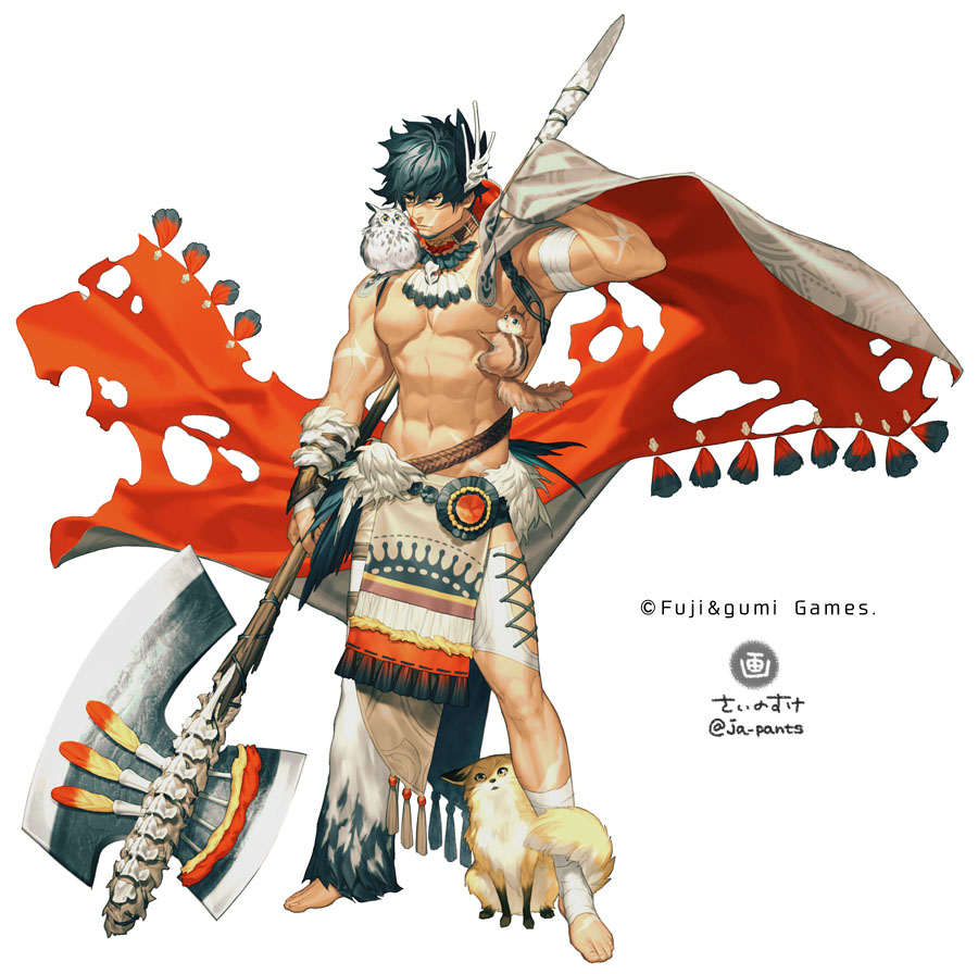 1boy, abs, animal, animal_on_shoulder, axe, bandages, bandaged_arm, bandaged_leg