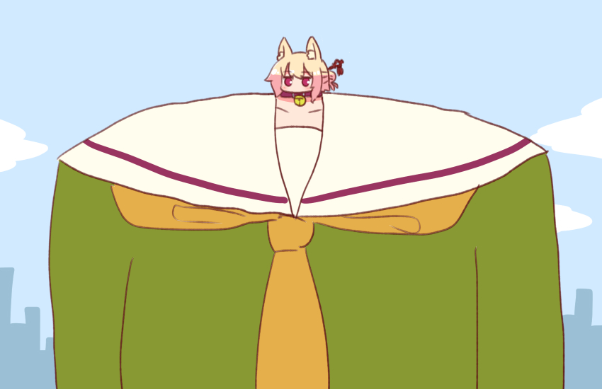 1girl, anatomical_nonsense, animal_ear_fluff, animal_ears, bad_anatomy, bell, blonde_hair, blue_sky