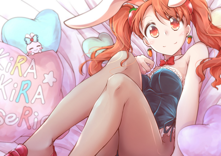 1girl, animal_ears, bare_shoulders, blush, bow, bowtie, breasts, carrot_earrings