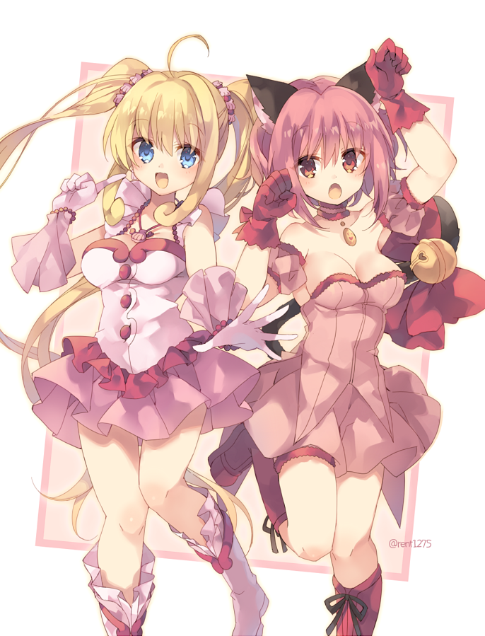 2girls, :d, :o, ahoge, animal_ear_fluff, animal_ears, arm_up, bare_shoulders