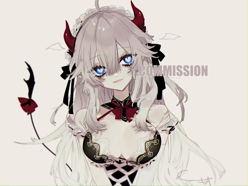 1girl, beige_background, blue_eyes, breasts, cleavage, commission, comori, demon_girl