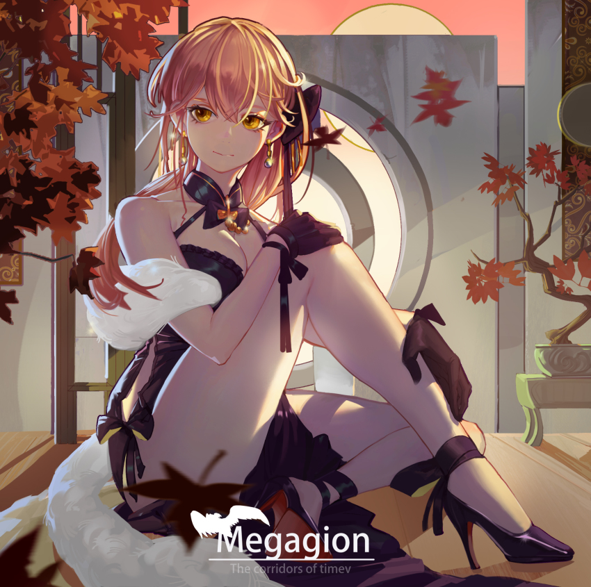 1girl, alternate_costume, black_footwear, black_gloves, blonde_hair, breasts, cleavage, commentary_request