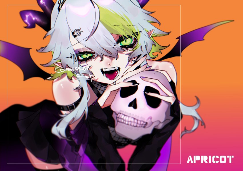 1girl, apricot_the_lich, apricot_the_lich_(1st_costume), arm_strap, black_dress, blue_hair, character_name, commission, comori, dress, green_eyes, green_hair, highres, holding, holding_skull, horns, leaning_forward, lich, multicolored_hair, nail_polish, open_mouth, orange_background, pointy_ears, short_hair, skeb_commission, skull, solo, streaked_hair, tsurime, virtual_youtuber, vshojo, wings