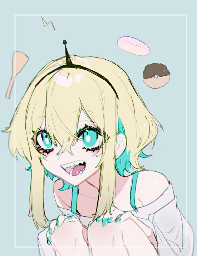 1girl, amano_pikamee, amano_pikamee_(1st_costume), blonde_hair, blue_nails, border, collarbone, colored_inner_hair, comori, donut, food, green_hair, hands_on_own_knees, leaning_forward, multicolored_hair, nail_polish, off-shoulder_shirt, off_shoulder, open_mouth, sharp_teeth, shirt, short_hair, short_hair_with_long_locks, solo, teeth, virtual_youtuber, voms, white_shirt