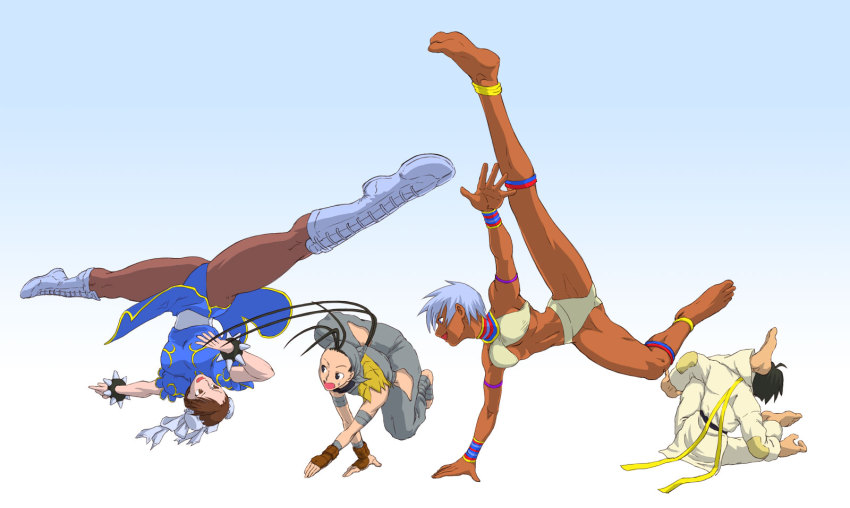 4girls, asakura_(asakura_souko), asakura_(pixiv39336), barefoot, boots, bun_cover, capcom, capoeira, china_dress, chinese_clothes, chun-li, clothing_cutout, dark-skinned_female, dark_skin, double_bun, dougi, dress, elena_(street_fighter), feet, flexible, hair_bun, highres, hip_vent, ibuki_(street_fighter), jewelry, makoto_(street_fighter), multiple_girls, neck_ring, ninja, pantyhose, pelvic_curtain, spinning_bird_kick, street_fighter, street_fighter_iii_(series), street_fighter_iv_(series), white_hair