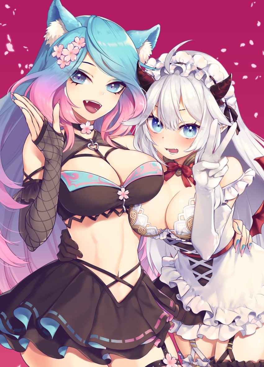 2girls, :d, absurdres, ahoge, animal_ear_fluff, animal_ears, bare_shoulders, black_choker, black_gloves, black_shirt, black_skirt, blue_eyes, blue_hair, breasts, cherry_blossoms, choker, cleavage, cowboy_shot, crop_top, detached_sleeves, dress, elbow_gloves, fang, flower, frilled_dress, frills, garter_straps, gloves, gradient_hair, hair_flower, hair_ornament, hand_up, headdress, highres, horns, indie_virtual_youtuber, large_breasts, layered_skirt, long_hair, long_sleeves, looking_at_viewer, midriff, miniskirt, multicolored_hair, multiple_girls, nail_polish, navel, open_mouth, red_background, shirt, silvervale, silvervale_(4th_costume), silvervale_(silver_2.0), skirt, sleeveless, sleeveless_dress, smile, standing, stomach, thighhighs, tomobe_kinuko, v, vei_(vtuber), vei_(4th_costume)_(vtuber), virtual_youtuber, white_dress, white_gloves, white_hair, zettai_ryouiki