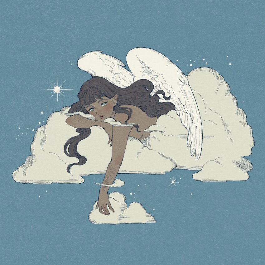 1girl, angel_wings, blue_background, blush, brown_eyes, brown_hair, cloud, dark_skin