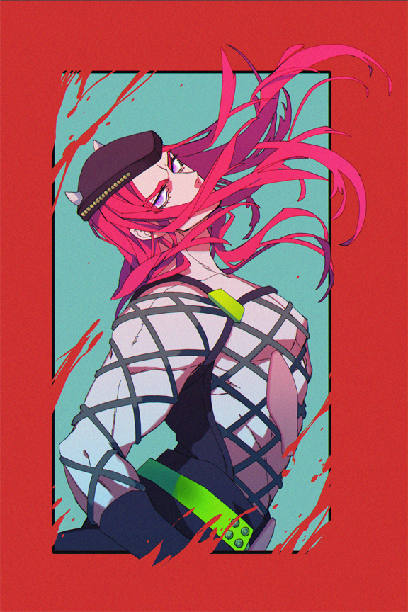 1boy, arched_back, border, commentary_request, covered_mouth, eibm, fake_horns, fishnet_top