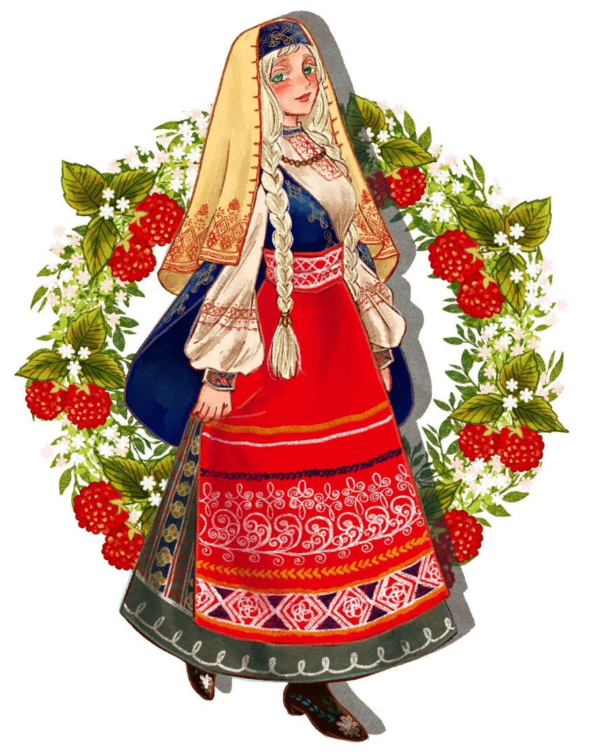 1girl, akrn_lumina7, apron, black_shoes, blue_dress, blush, braid, dress, green_eyes, highres, long_hair, long_sleeves, looking_at_viewer, original, platinum_blonde_hair, red_apron, shadow, shoes, simple_background, solo, twin_braids, very_long_hair, white_background, wreath