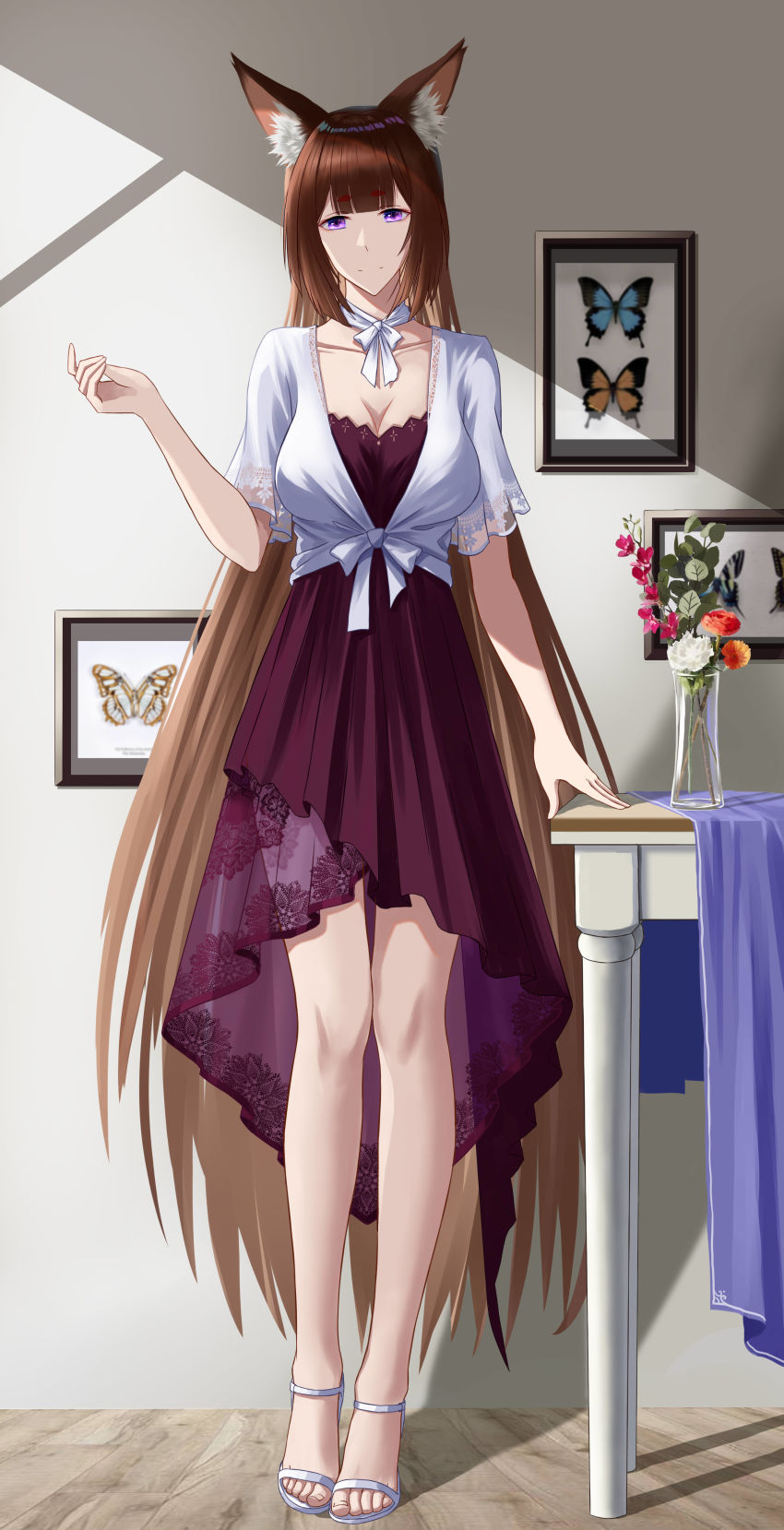 1girl, absurdly_long_hair, absurdres, amagi_(azur_lane), animal_ear_fluff, animal_ears, azur_lane, breasts, brown_hair, bug, butterfly, cleavage, collarbone, dress, flower, fox_ears, fox_girl, frozen-sad, highres, large_breasts, light_smile, long_hair, looking_at_viewer, picture_frame, purple_dress, purple_eyes, sandals, shadow, shirt, solo, table, tablecloth, vase, very_long_hair, white_shirt