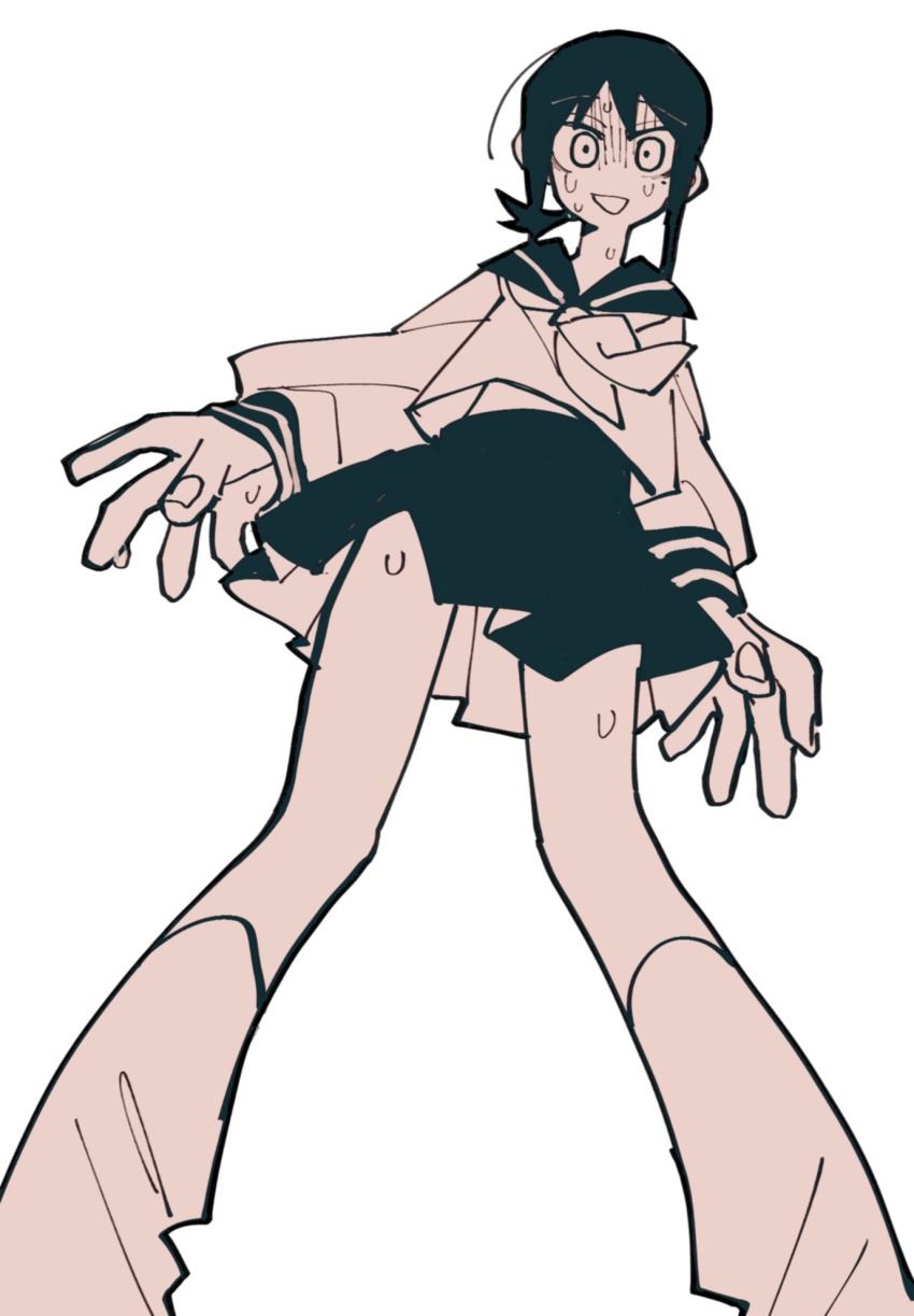 1girl, from_below, gloom_(expression), highres, kaga_ai, mole, mole_under_eye, monochrome, open_mouth, ponytail, ribbon, sayonara_zetsubou_sensei, school_uniform, serafuku, short_hair, skirt, solo, sweat, tearing_up, tears, uotsu_(sabakou)