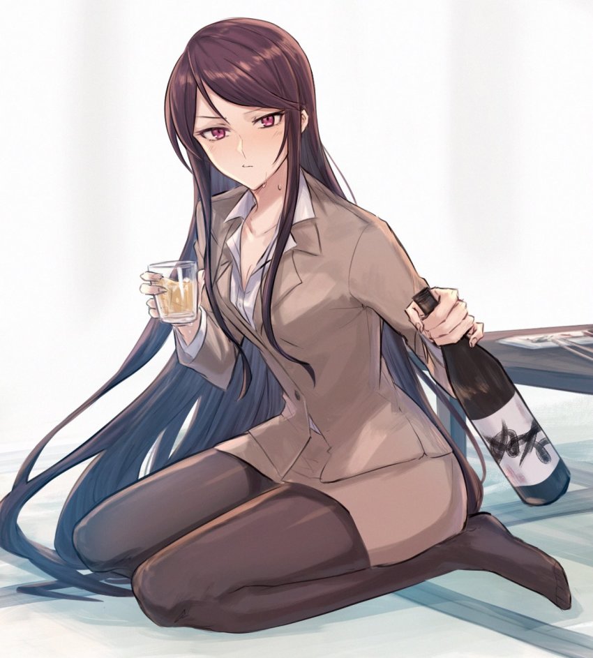 1girl, alcohol, aoki_shizumi, brown_jacket, collared_shirt, cup, drinking_glass, glass