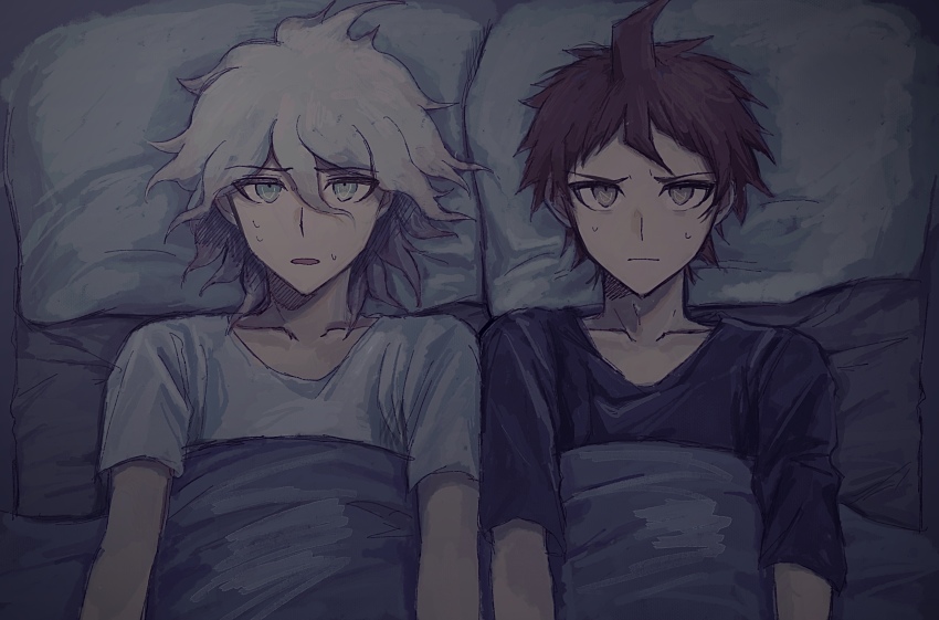 2boys, ahoge, aji_kosugi, bed, black_shirt, blue_eyes, brown_hair, collarbone, commentary_request, danganronpa_(series), danganronpa_2:_goodbye_despair, from_above, grey_hair, grey_shirt, highres, hinata_hajime, komaeda_nagito, looking_at_viewer, lying, male_focus, messy_hair, multiple_boys, on_back, on_bed, open_mouth, pillow, shirt, short_hair, short_sleeves, sweat, t-shirt, under_covers, yaoi