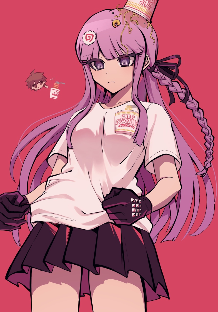 1boy, 1girl, absurdres, aji_kosugi, alternate_costume, black_ribbon, braid, breasts, collarbone, commentary_request, cowboy_shot, danganronpa:_trigger_happy_havoc, danganronpa_(series), food, food_on_head, frown, gloves, hair_ornament, hair_ribbon, hair_tie, highres, instant_noodles, kirigiri_kyoko, long_hair, medium_breasts, miniskirt, naegi_makoto, nissin_cup_noodle, object_on_head, pink_background, pleated_skirt, purple_eyes, purple_gloves, purple_hair, ribbon, shirt, short_sleeves, side_braid, single_braid, skirt, solo_focus, t-shirt, white_shirt