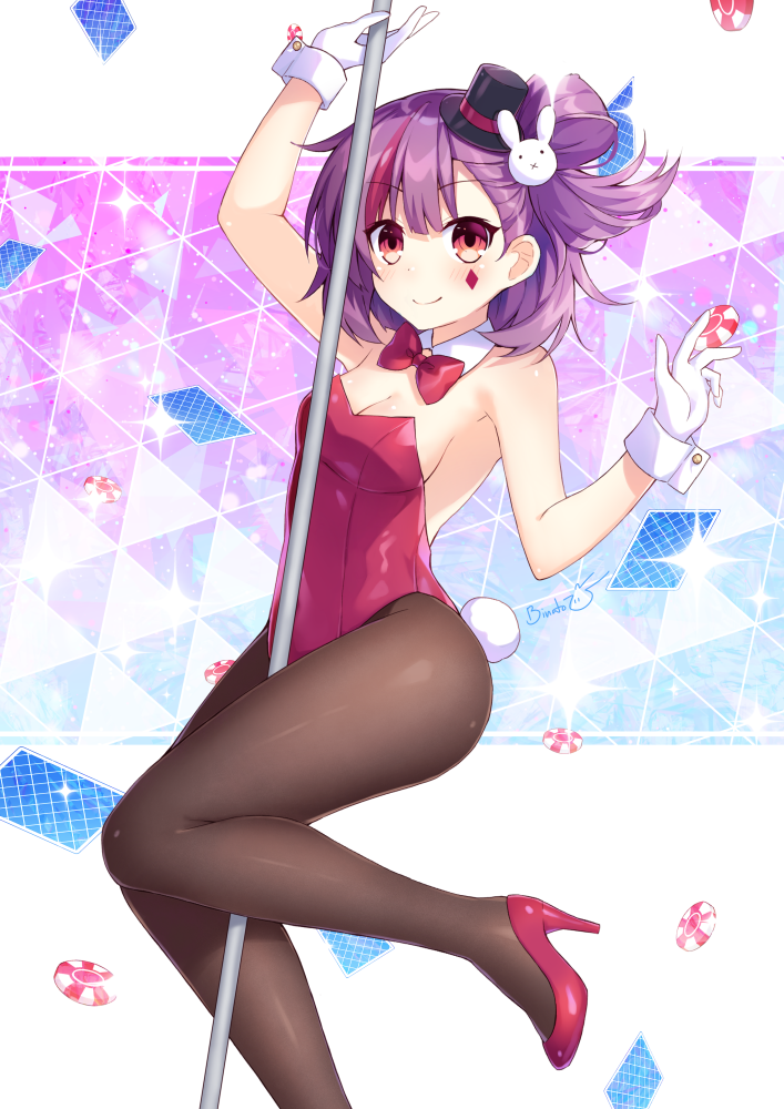 1girl, armpits, artist_name, bare_shoulders, binato_lulu, black_pantyhose, blush, bow