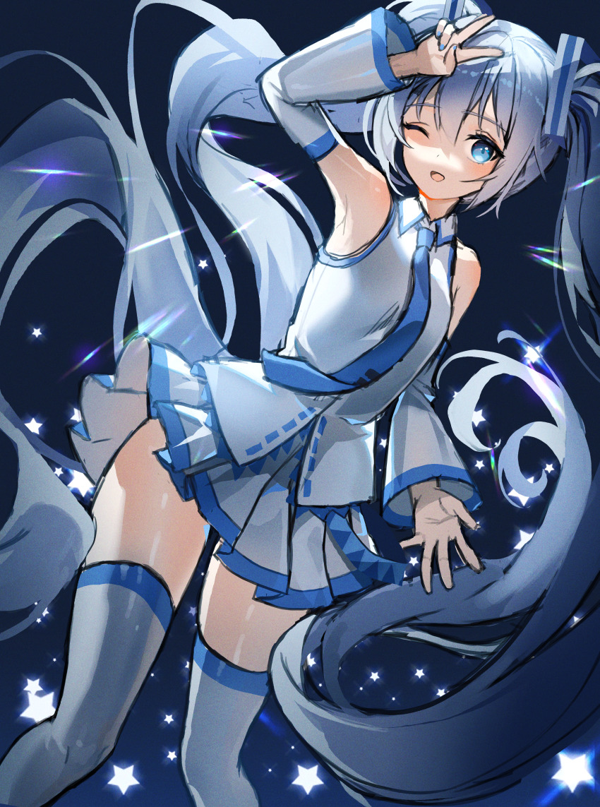 1girl, absurdly_long_hair, absurdres, bad_id, bad_pixiv_id, bare_shoulders, black_background, blue_eyes, blue_hair, blue_nails, blue_necktie, cowboy_shot, detached_sleeves, glowing, grey_thighhighs, hair_ornament, hand_up, hatsune_miku, highres, huge_filesize, hyoin, light_blue_hair, long_hair, looking_at_viewer, miniskirt, nail_polish, necktie, one_eye_closed, open_mouth, pleated_skirt, refraction, shirt, silver_legwear, silver_skirt, silver_sleeves, skirt, sleeveless, sleeveless_shirt, smile, solo, star_(symbol), thighhighs, twintails, v, very_long_hair, vocaloid, yuki_miku, yuki_miku_(2010), zettai_ryouiki