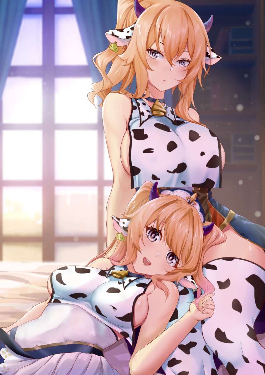 2girls, absurdres, animal_ears, animal_print, barbara_(genshin_impact), bare_shoulders, bell, blonde_hair, blue_eyes, blush, bookshelf, breasts, cow_ears, cow_horns, cow_print, cowbell, ear_tag, genshin_impact, hat, highres, horns, hpapo, huge_filesize, jean_(genshin_impact), lap_pillow, large_breasts, looking_at_viewer, lying, medium_breasts, multiple_girls, on_back, ponytail, siblings, sideboob, sisters, skirt, thighhighs, twintails, window