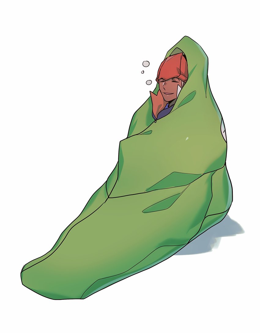 1boy, absurdres, black_hair, black_hoodie, bubble, chiyo_(miichiyochin), closed_eyes, commentary, dark-skinned_male, dark_skin, gen_1_pokemon, gym_leader, highres, hood, hoodie, male_focus, metapod, metapod_sleeping_bag, nintendo, orange_headwear, parted_lips, pokemon, pokemon_(creature), pokemon_sword_and_shield, raihan_(pokemon), sleeping, sleeping_bag, smile, solo