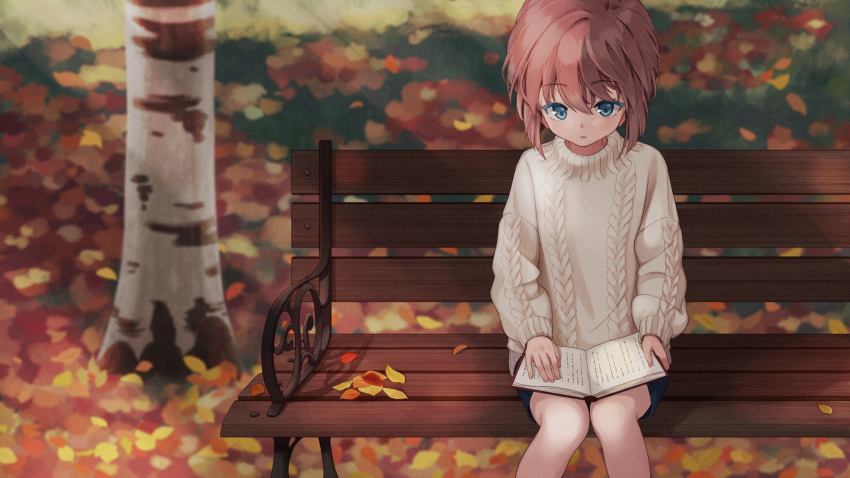 1girl, autumn_leaves, bench, blue_eyes, blurry, blurry_background, book, book_on_lap