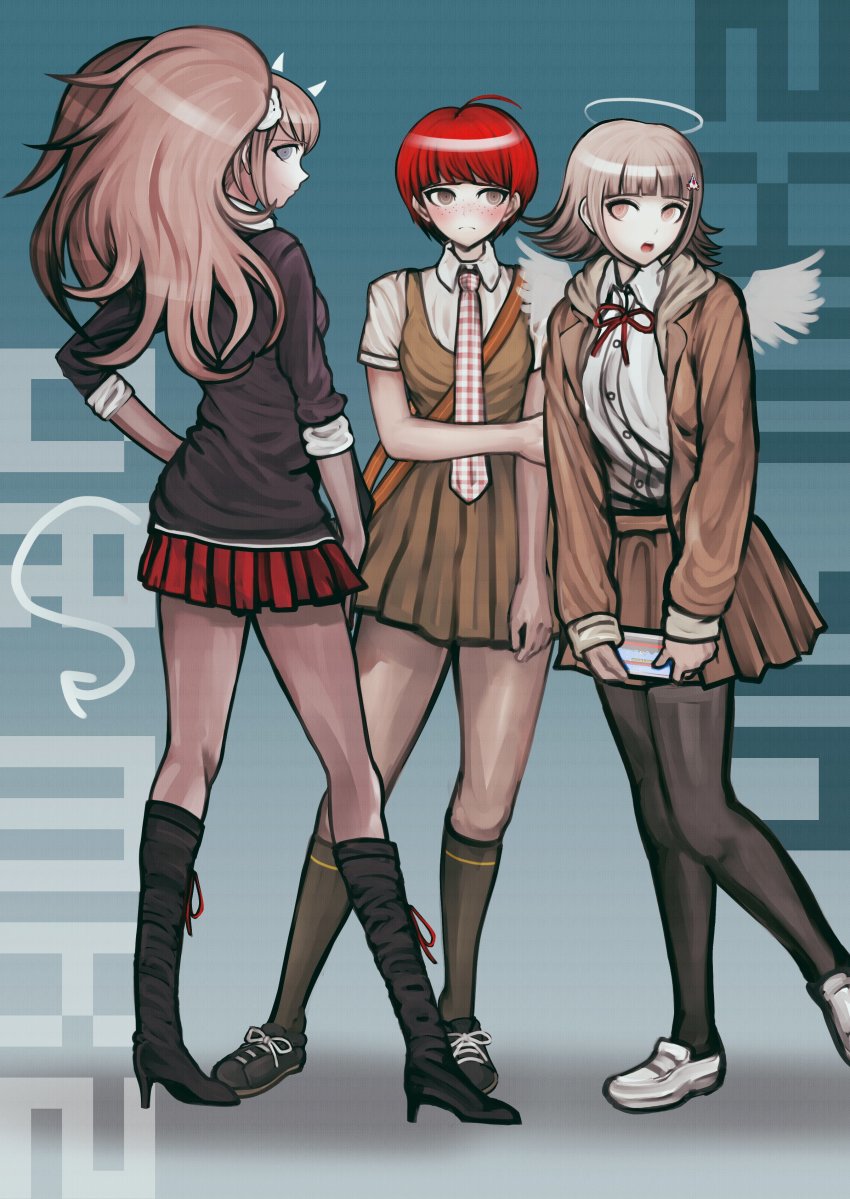 3girls, absurdres, arrow_(symbol), bear_hair_ornament, black_footwear, black_shirt, black_socks, boots