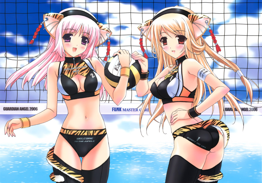 2girls, absurdres, animal_ears, armband, ass, ball, beach_volleyball, bikini