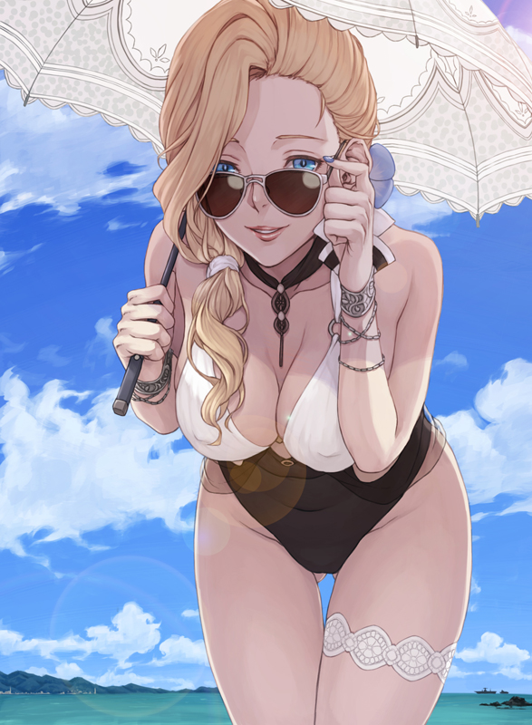 1girl, adjusting_eyewear, adjusting_glasses, asymmetrical_hair, azur_lane, bare_shoulders, black_one-piece_swimsuit, blonde_hair, blue_eyes, blue_sky, breasts, brown-tinted_eyewear, cloud, cloudy_sky, collarbone, commentary_request, covered_navel, day, covered_erect_nipples, gluteal_fold, hair_over_shoulder, hands_up, holding, holding_umbrella, hood_(azur_lane), hood_(lady_of_the_shining_sun)_(azur_lane), ivris, large_breasts, long_hair, looking_at_viewer, looking_over_eyewear, looking_over_glasses, ocean, one-piece_swimsuit, outdoors, parted_lips, sky, smile, solo, sunglasses, swimsuit, thigh_gap, thigh_strap, thighs, tinted_eyewear, umbrella