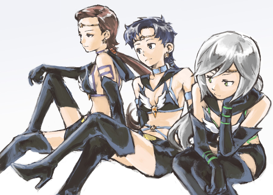 1990s_(style), 3girls, bishoujo_senshi_sailor_moon, bishoujo_senshi_sailor_moon_sailor_stars, bishoujo_senshi_sailor_moon_stars, black_hair, brown_hair, magical_girl