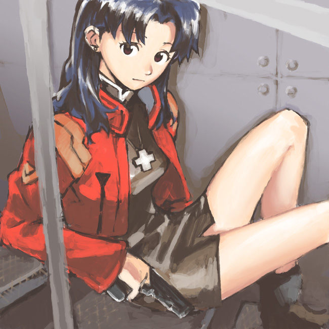 1girl, black_hair, brown_eyes, cross, female_focus, gun, jacket, jewelry