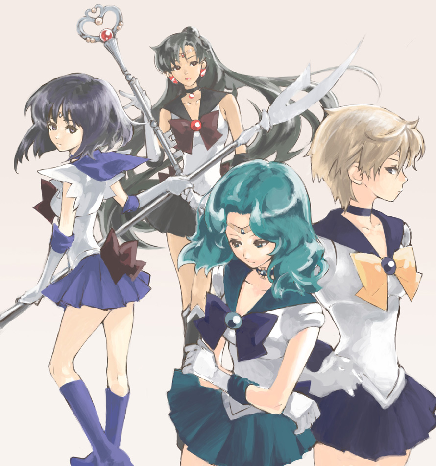 1990s_(style), 4girls, bishoujo_senshi_sailor_moon, black_hair, black_neckwear, blonde_hair, blue_bow, blue_sailor_collar, blue_skirt, boots, bow, brown_bow, choker, earrings, elbow_gloves, garnet_rod, glaive_(polearm), gloves, green_hair, half_updo, holding, holding_spear, holding_weapon, jewelry, kaiou_michiru, knee_boots, magical_girl, meiou_setsuna, multiple_girls, outer_senshi, polearm, purple_footwear, purple_skirt, rc, sailor_collar, sailor_neptune, sailor_pluto, sailor_saturn, sailor_senshi, sailor_uranus, silence_glaive, skirt, spear, ten'ou_haruka, tomoe_hotaru, weapon, white_background, white_gloves, yellow_bow