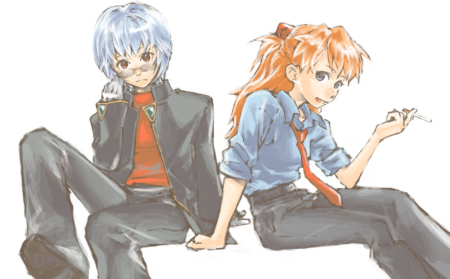 2girls, ayanami_rei, blue_eyes, blue_hair, cigarette, cosplay, crossdressing, crossdressing_(ftm)