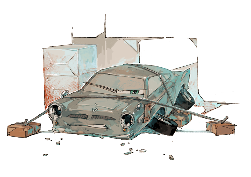 1boy, aqua_eyes, bdsm, bondage, bound, broken_glass, car, cars_(movie), character_request, clenched_teeth, commentary_request, damaged, facial_hair, full_body, glass, half-closed_eye, kan_(punsukapun), motor_vehicle, mustache, no_humans, one_eye_closed, restrained, simple_background, solo, teeth, vehicle_focus, white_background, wince