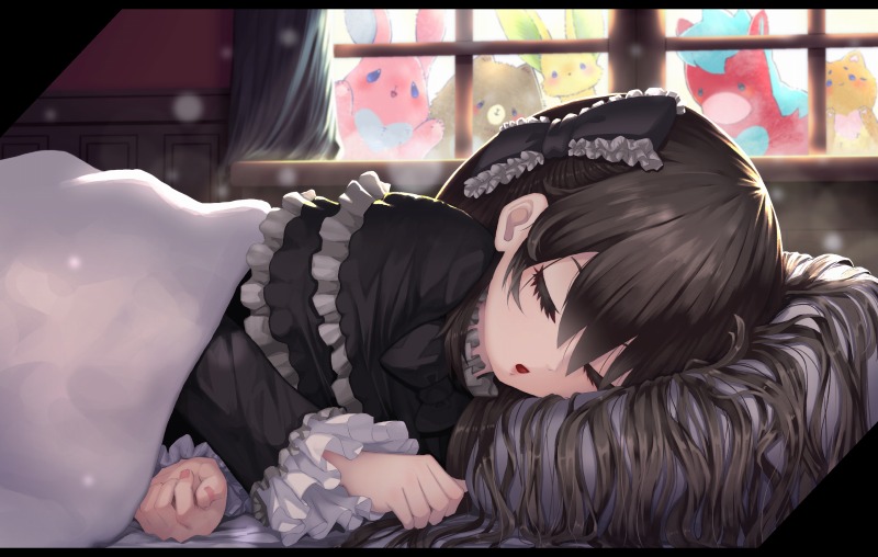 1girl, :o, black_bow, black_capelet, black_dress, black_hair, bow, capelet