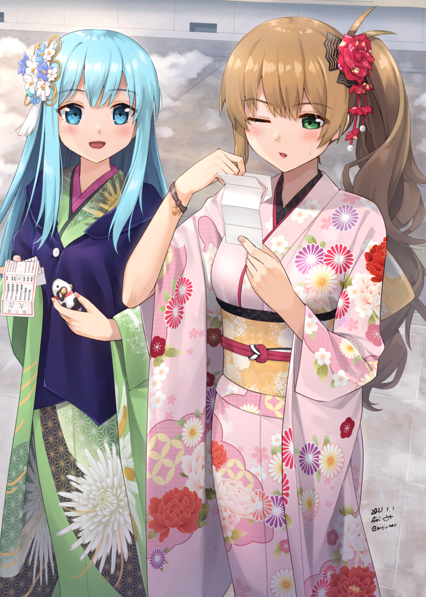 2girls, :d, blue_eyes, blue_hair, breasts, brown_hair, chinese_zodiac, chrysanthemum_print